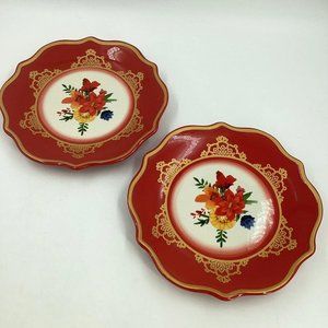 Pioneer Woman Winter Bouquet Dessert Plates Red Gold Floral 8.5” Set of 2